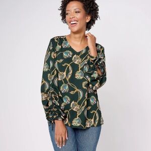 Belle Kim Gravel Stained Glass Floral V-Neck Top with Tie Sleeves